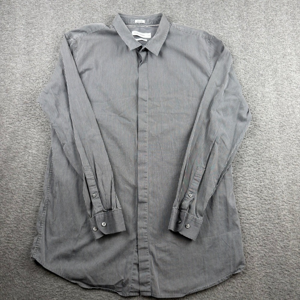 Calvin Klein Slim Fit Dress Shirt Men's XL Grey White Micro Stripe Cotton L/S